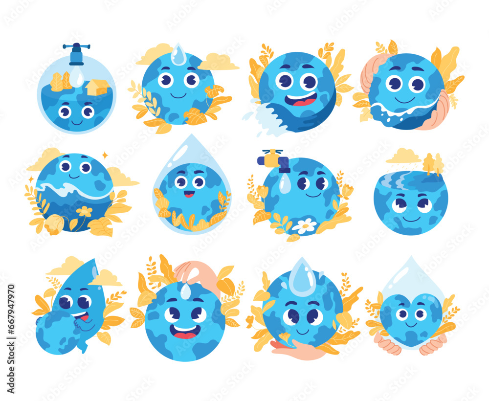 Fototapeta premium World Water Day with Cute Globe Earth Cartoon Character Avatar Collection with Various Gesture. Object Element Vector Flat Illustration Concept