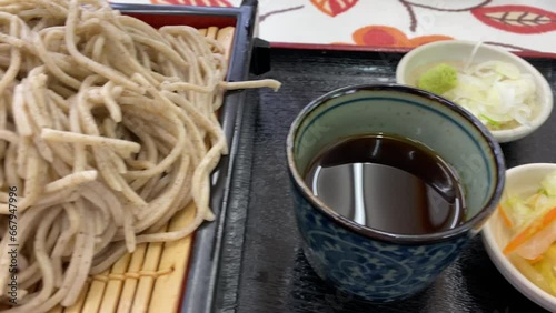 Soba noodle with sliced Japanese leek and wasabi at lunch top shot photo