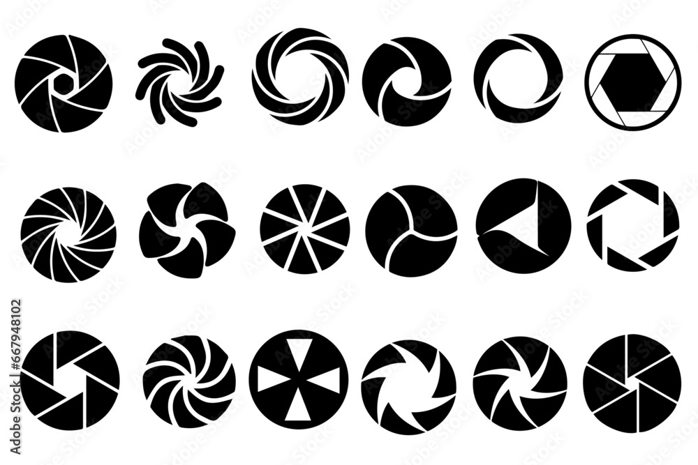 Camera shutter icons set. Camera lens diaphragm. camera shutter and camera lens icon collection. Black white style. lens aperture. Optical photography photography lens icons. vector illustration Camera shutter icons set. Camera lens diaphragm. camera shutter and camera lens icon collection. Black white style. lens aperture. Optical photography photography lens icons. vector illustration