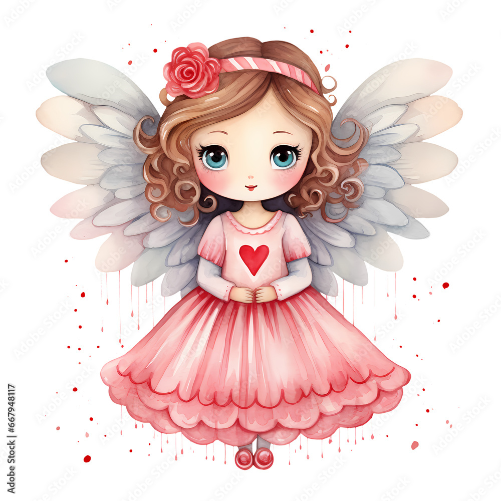 Watercolor Cute Angel Valentine Clipart Illustration