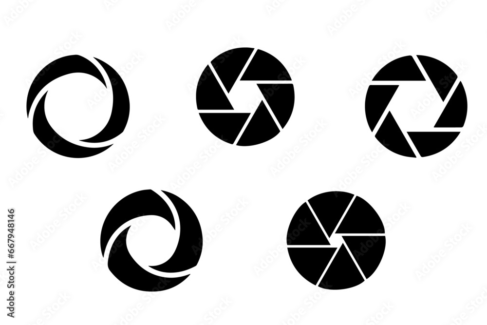 Camera shutter icons set. Camera lens diaphragm. camera shutter and camera lens icon collection. Black white style. lens aperture. Optical photography photography lens icons. vector illustration