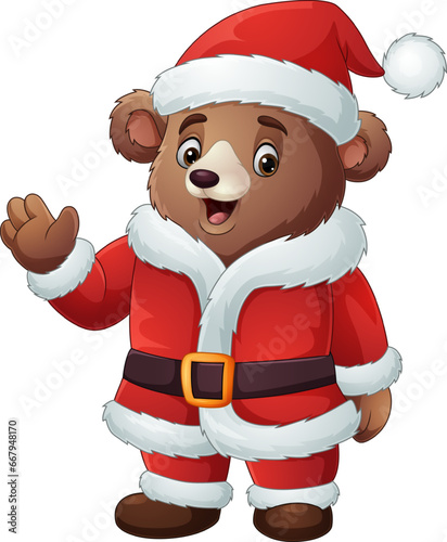 Cartoon bear in santa claus costume waving hand