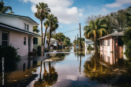 Flooded houses by hurricane rainfall in Florida residential area. Consequences of natural disaster © Kien