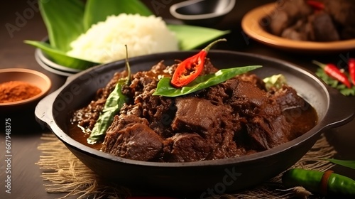 Rendang or Randang is The Most Delicious Food in the World. Made from Beef Stew and Coconut Milk with Various Herbs and Sice. Typically food from Minang Tribe, West Sumatera, Indonesia photo