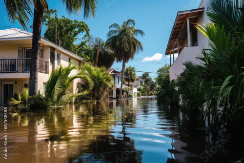 Flooded houses by hurricane rainfall in Florida residential area. Consequences of natural disaster © Kien