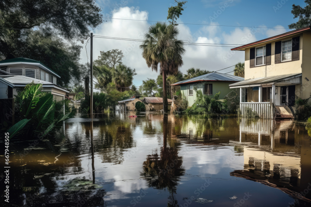 Flooded houses by hurricane rainfall in Florida residential area. Consequences of natural disaster