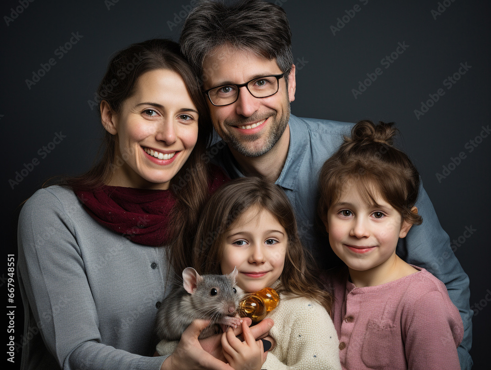A Studio Portrait Photo of a Young Family Posing with a Mouse