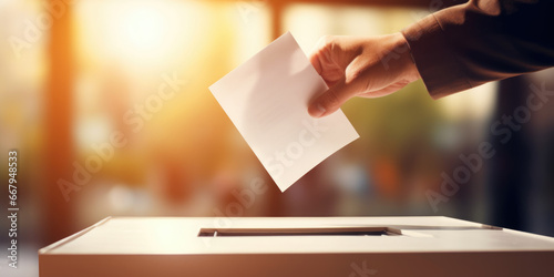 Man Casting His Vote into the Ballot Box during Election, Close-up of hand holding the ballot photo