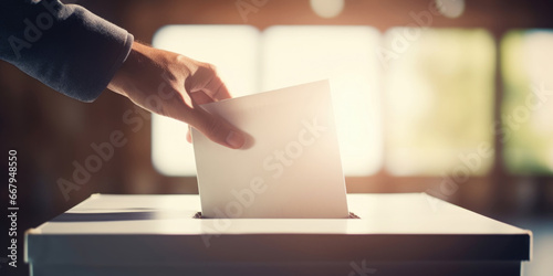 Close-up of hand putting ballot into the ballot box, Man casting his vote at the election or polling photo