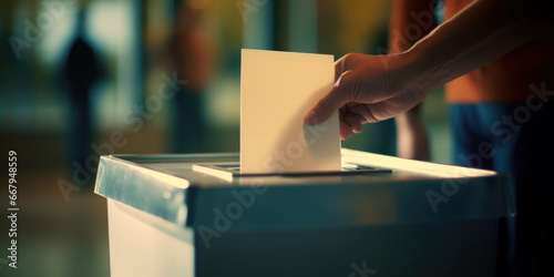 Woman Casting Her Vote into the Ballot Box during Election photo