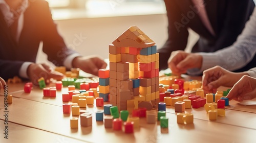 Group of kids playing with construction blocks, generative ai