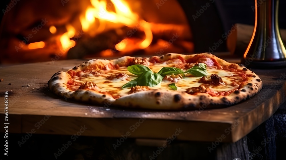 Rustic wooden table with pizza Margarita with fire in the back