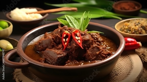 Rendang or Randang is The Most Delicious Food in the World. Made from Beef Stew and Coconut Milk with Various Herbs and Sice. Typically food from Minang Tribe, West Sumatera, Indonesia photo