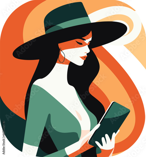 Beautiful Girl using tablet, pretty face, colorful abstract art