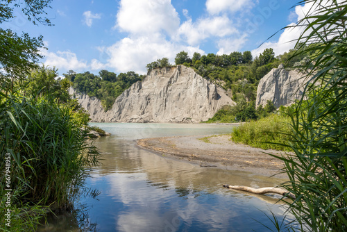 A small beach is nestled beside the Scarborough Bluffs in Toronto, Ontario.