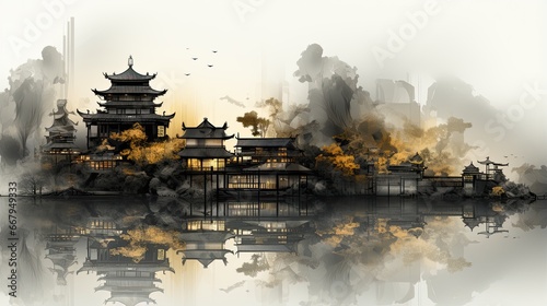 AI-generated abstract illustration of a traditional Asian building and landcape. MidJourney.