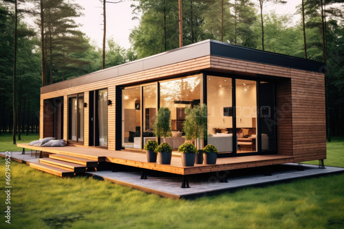 Modular wooden house on wheels with flat roof with solar pannel and big windows all around. Modern and elegant style, with an outdoor living area photo