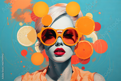 Abstract modern art collage portrait of a trendy young woman with colourful circle design