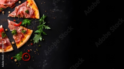 Slices of pizza with prosciutto and spices on black background, copy space, top view