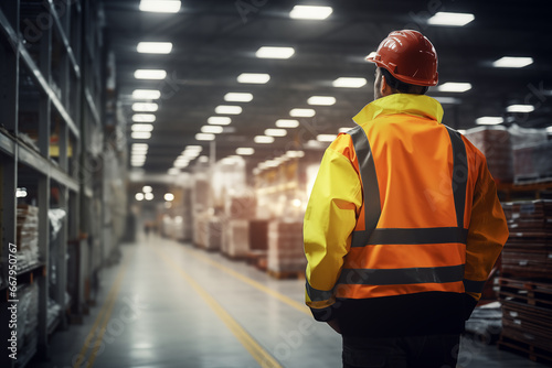 Young caucasian engineer or inspector looking warehouse for examining store or stock, cargo and logistic, supervisor standing back view in storehouse, industrial concept, generative ai.