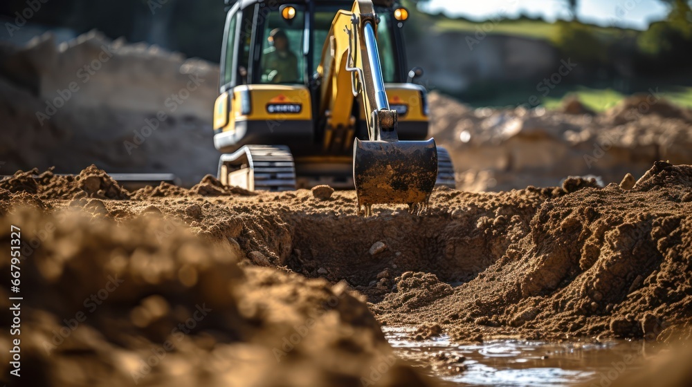Obraz premium A backhoe digging soil and making foundation at construction site.