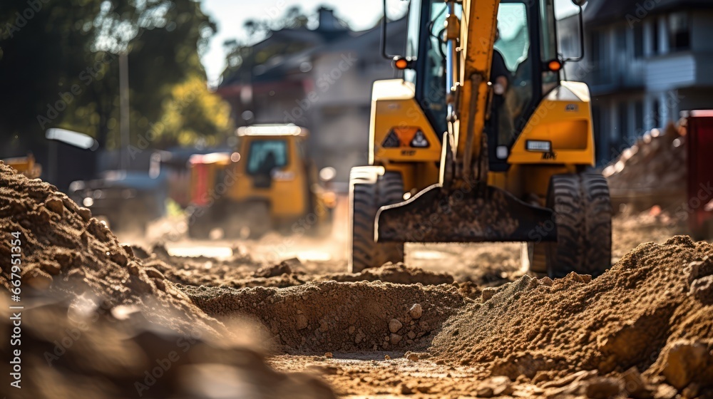 Fototapeta premium A backhoe digging soil and making foundation at construction site.
