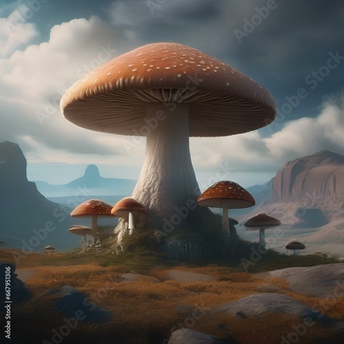 An otherworldly  sentient mushroom towering over an alien landscape  its spores drifting through the cosmos1