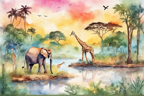 African tropical forest and giraffe elephant animals in watercolor style © Steve