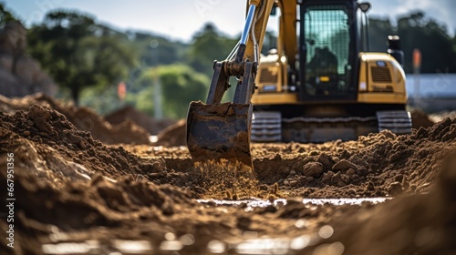 A backhoe digging soil and making foundation at construction site.