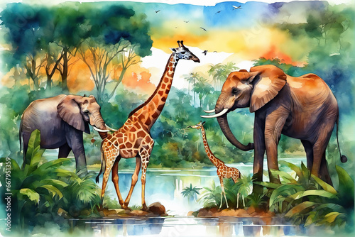 African tropical forest and giraffe elephant animals in watercolor style