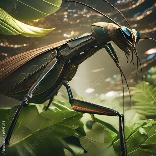 A colossal cosmic mantis with shimmering, blade-like forelimbs, stalking its prey in the celestial jungle5