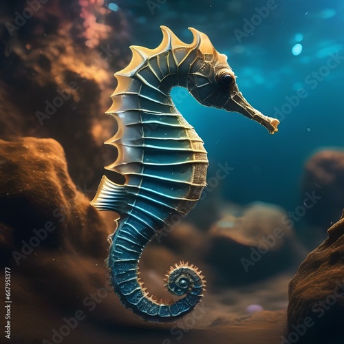 A cosmic seahorse with bioluminescent fins, swimming gracefully in the ethereal waters of an asteroid-based ocean5