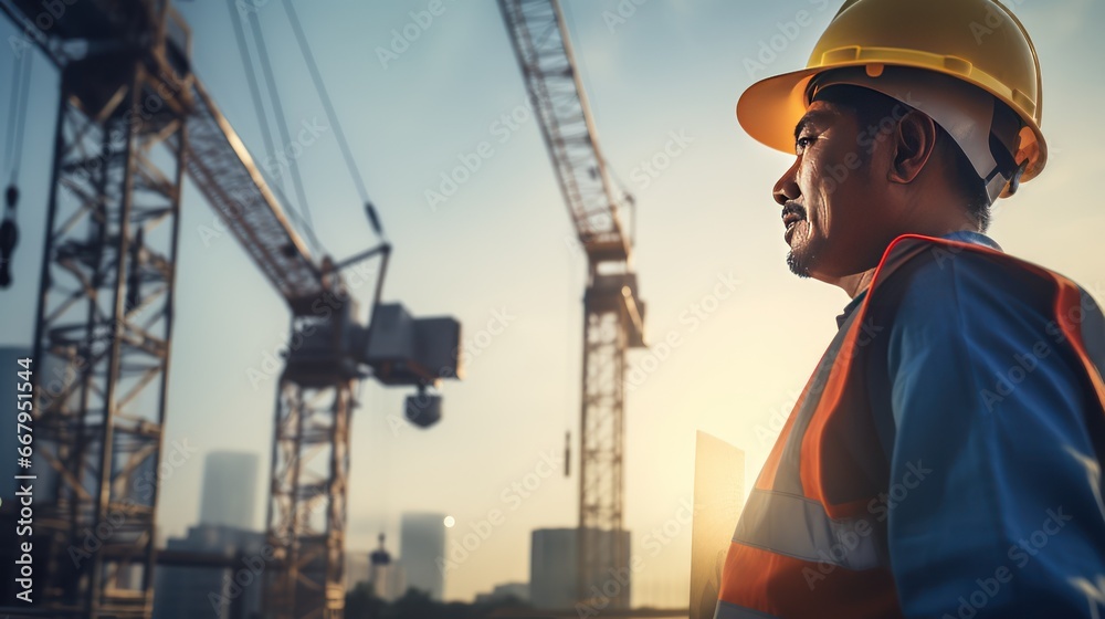 Back of chief engineer technician watching work crew on tall steel platform, high rise building construction. Back of chief engineer technician watching work crew on tall steel platform, high rise building construction.