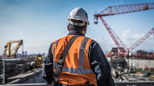 Back of chief engineer technician watching work crew on tall steel platform, high rise building construction.