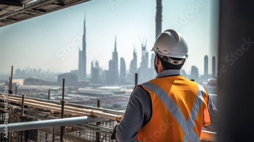 Back of chief engineer technician watching work crew on tall steel platform, high rise building construction. © Phoophinyo