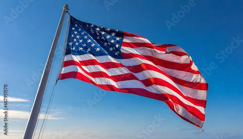 Close up view of an American flag waving on a flagpole, with blue sky background and copy space