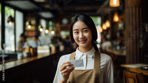 A Portrait of A female Asian Woman handing her credit card to make a payment in a cafe.
