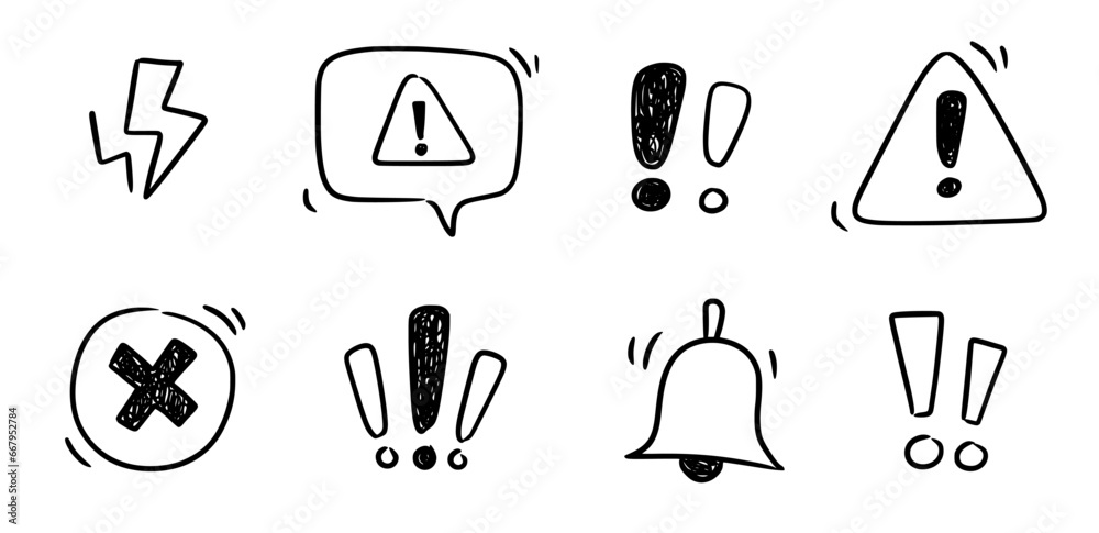 Doodle exclamation mark, alert danger sign set. Scribble hand drawn doodle exclamation triangle point, stop warning, hazard sign. Hand drawn sketch danger information sign. Vector illustration Doodle exclamation mark, alert danger sign set. Scribble hand drawn doodle exclamation triangle point, stop warning, hazard sign. Hand drawn sketch danger information sign. Vector illustration