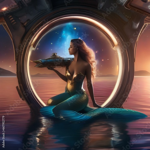 A cosmic mermaid, half-human and half-aquatic alien, serenading a spaceship passing by her underwater lair2 photo