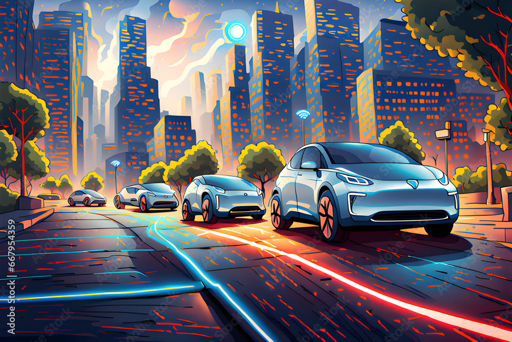 Obraz premium A future city with electric cars and neon signs
