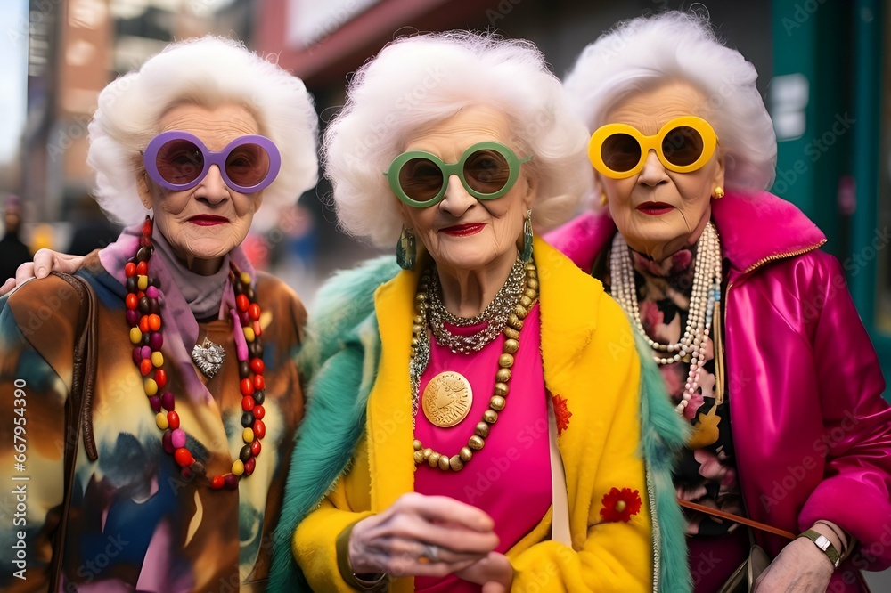 Three groovy old ladies dressed for partying. Three groovy old ladies dressed for partying.