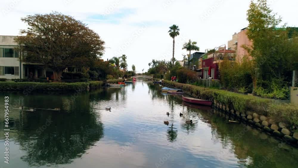 Aerial: Drone Flying Forward Over Boats And Birds On Canal Amidst Houses Against Cloudy Sky - Los Angeles, California