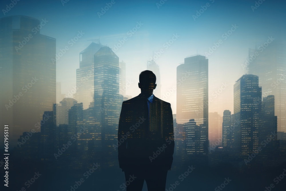 Business background, businessman double exposure effect and city buildings illustration Business background, businessman double exposure effect and city buildings illustration