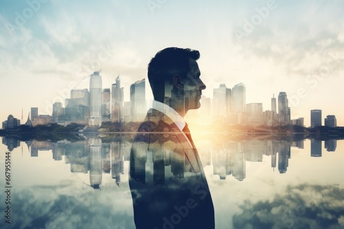 Business background, businessman double exposure effect and city buildings illustration photo