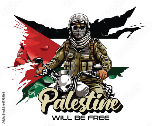 Palestine Will Be Free, vector design of Palestinian war soldier Riding a motorbike with face mask, perfect hand, highly detailed, on white background