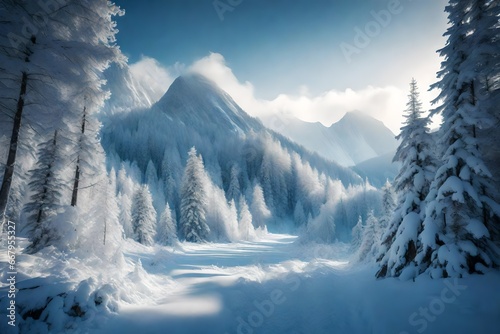 snow mountain with hicking   trees covered with snow and street  an one way road covereed with snow fall  photo
