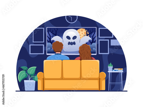 Vector illustration of a couple engrossed in a late-night horror movie on their cozy living room sofa, evoking palpable suspense and thrill.
Perfect for web, animation, landing page, etc