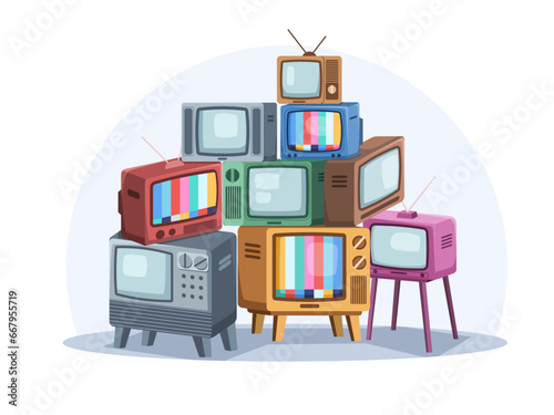 Vector illustration of a stack of vintage TVs provides a nostalgic look into the history of old electronics. Ideal for retro-themed projects or vintage tech enthusiasts.
