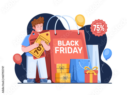 Vector illustration Exciting Black Friday shopping with a man holding a discount voucher, surrounded by shopping bags, symbolizing annual incredible deals.
Perfect for promotion, web, social media