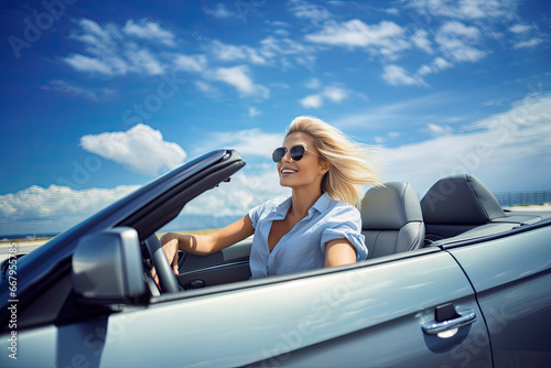 summer holidays, vacation, road trip and people concept - smiling young woman driving convertible car © ttonaorh